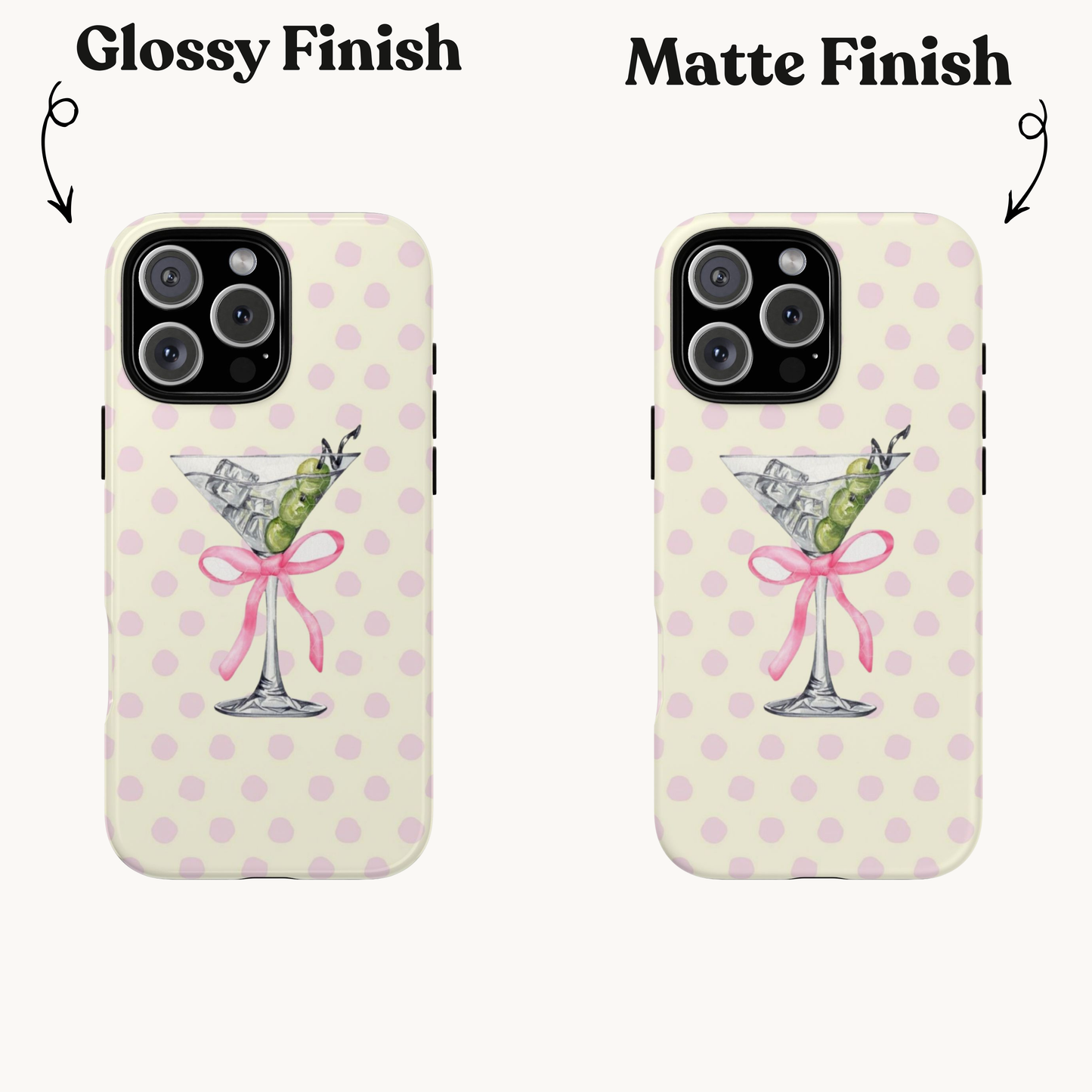 Martini & Olive Polka Dot Phone Case — Cute Pink Ribbon Cocktail iPhone Cover