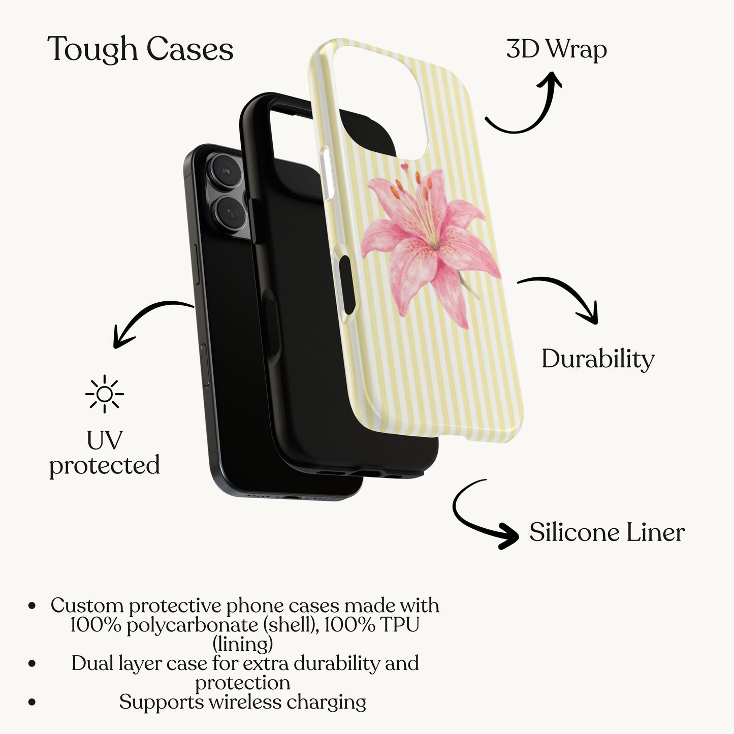 pink lily flower iPhone case, Pink Watercolor on Yellow Stripe, summer vibe phone case