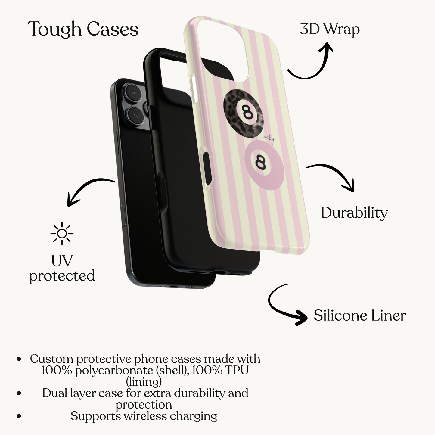 Aesthetic 8 Ball Phone Case – Cute Pink Stripe iPhone Case | Trendy Retro Phone Case