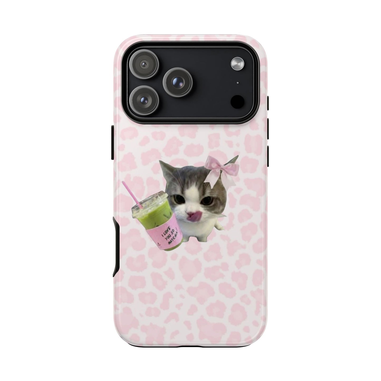 Phone case with a cat design and pink heart pattern on a white background