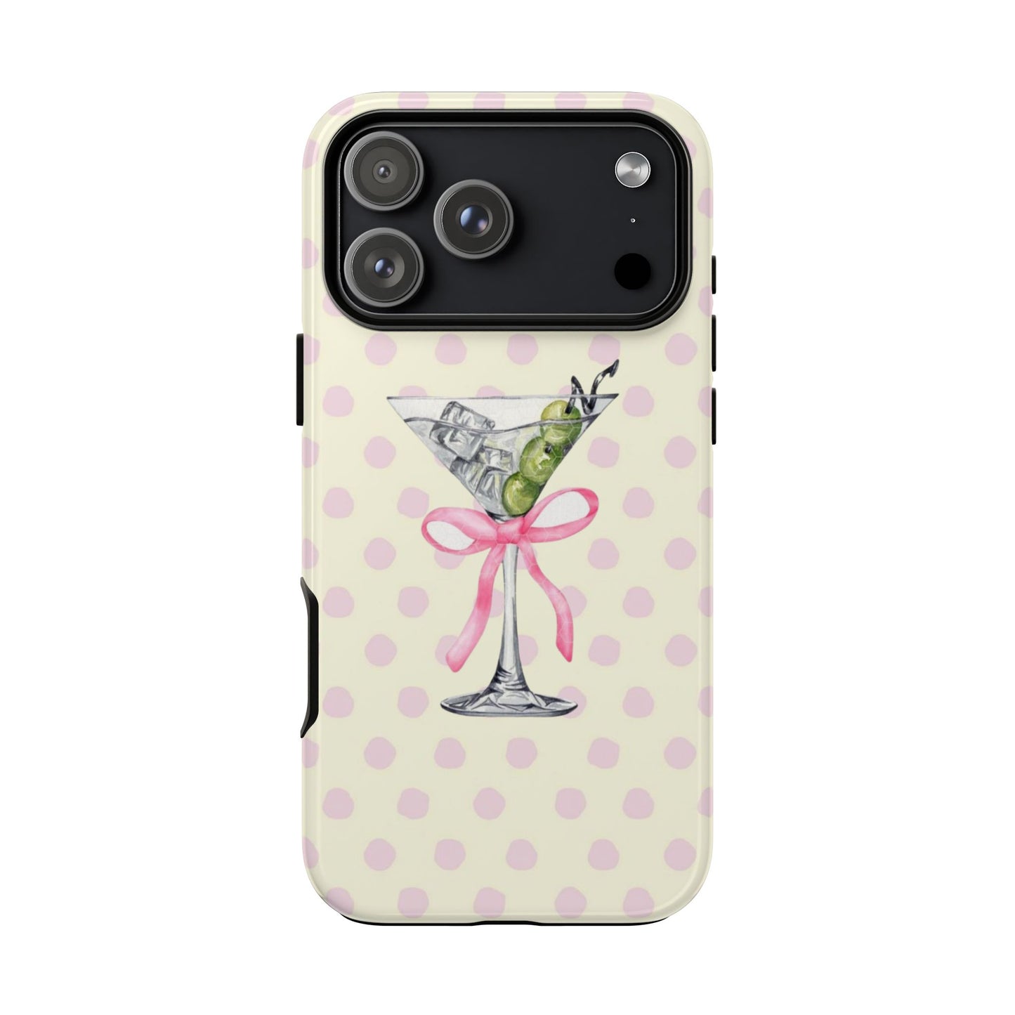 Phone case with polka dot design and martini glass illustration on a white background