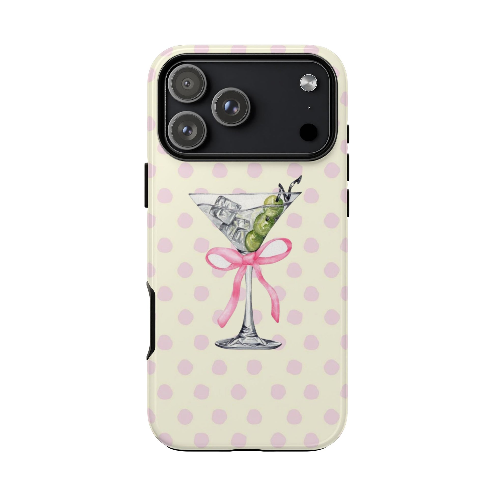 Phone case with polka dot design and martini glass illustration on a white background