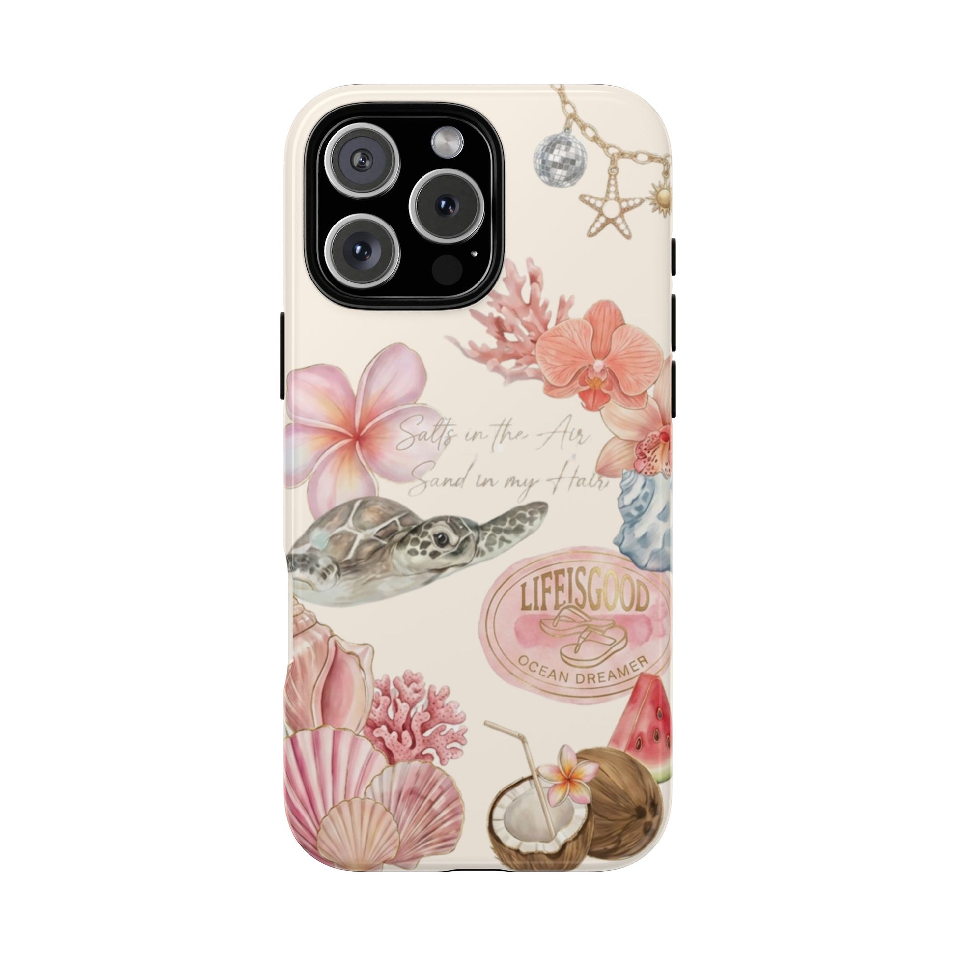 Phone case with ocean-themed design featuring flowers, shells, and a turtle on a white background.