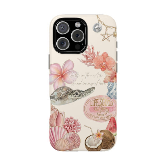 Phone case with ocean-themed design featuring flowers, shells, and a turtle on a white background.