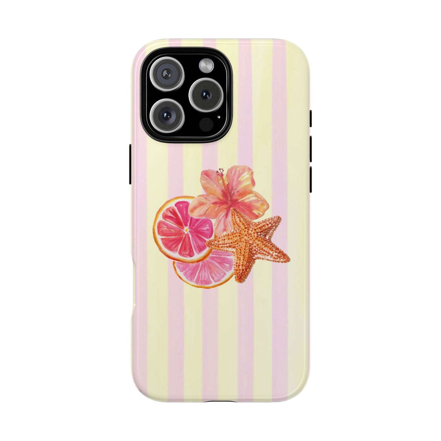 Phone case with pink and yellow striped pattern, starfish, and lemon slice design on a white background