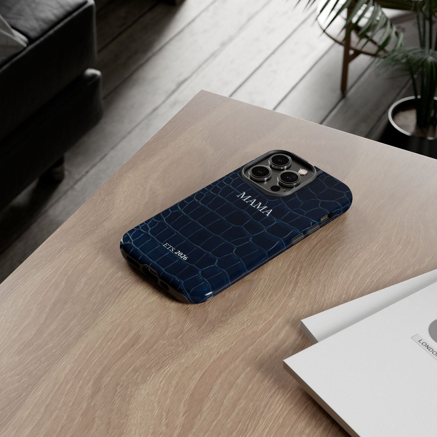 Personalized Mama Navy Croc Leather-Texture Tough Phone Case — EST.2026