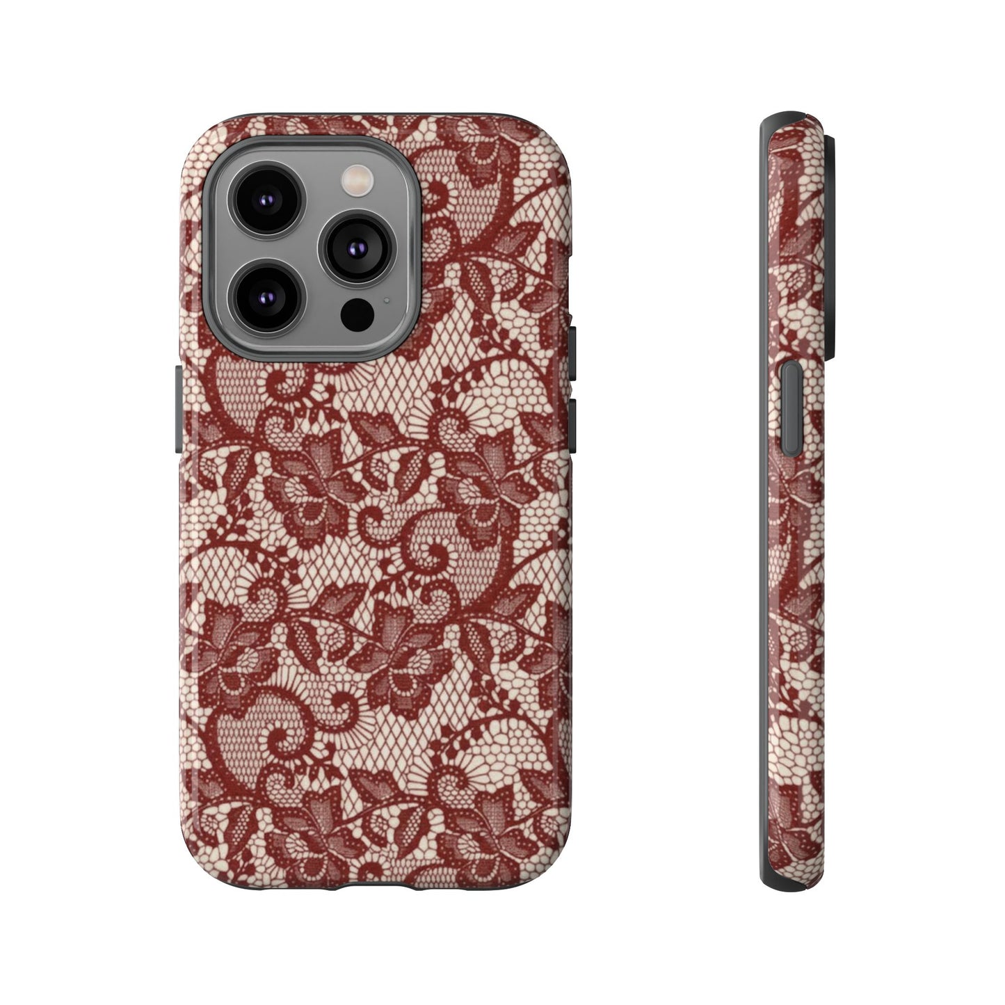 Elegant Red & Cream Lace Pattern Phone Case | Chic Feminine Aesthetic iPhone Case | Trendy Vintage Lace Design
