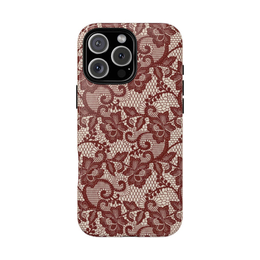 Elegant Red & Cream Lace Pattern Phone Case | Chic Feminine Aesthetic iPhone Case | Trendy Vintage Lace Design