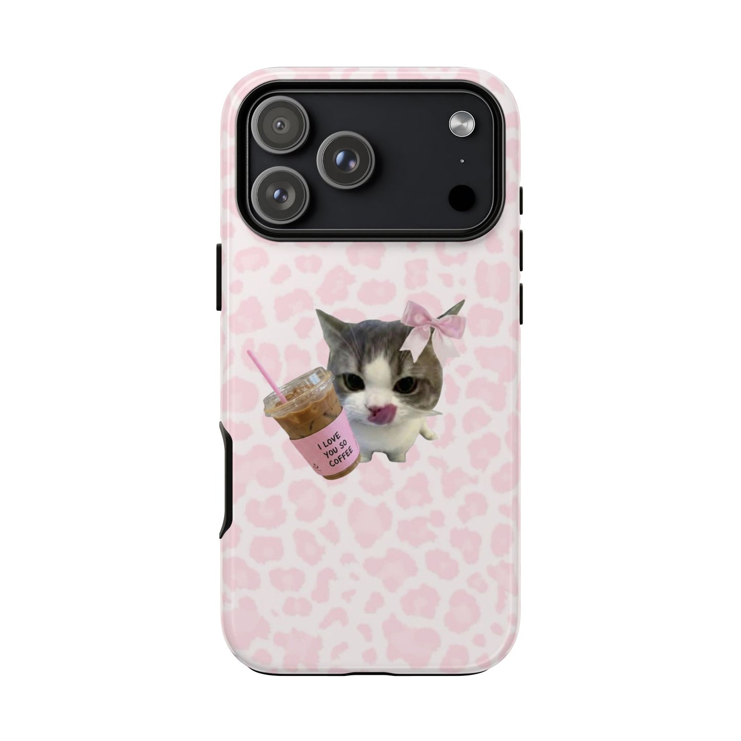 Phone case with a cat design and pink leopard print background