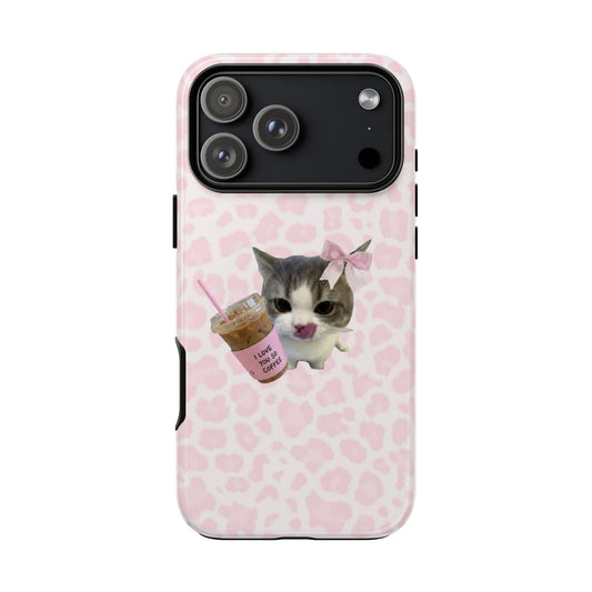 Phone case with a cat design and pink leopard print background