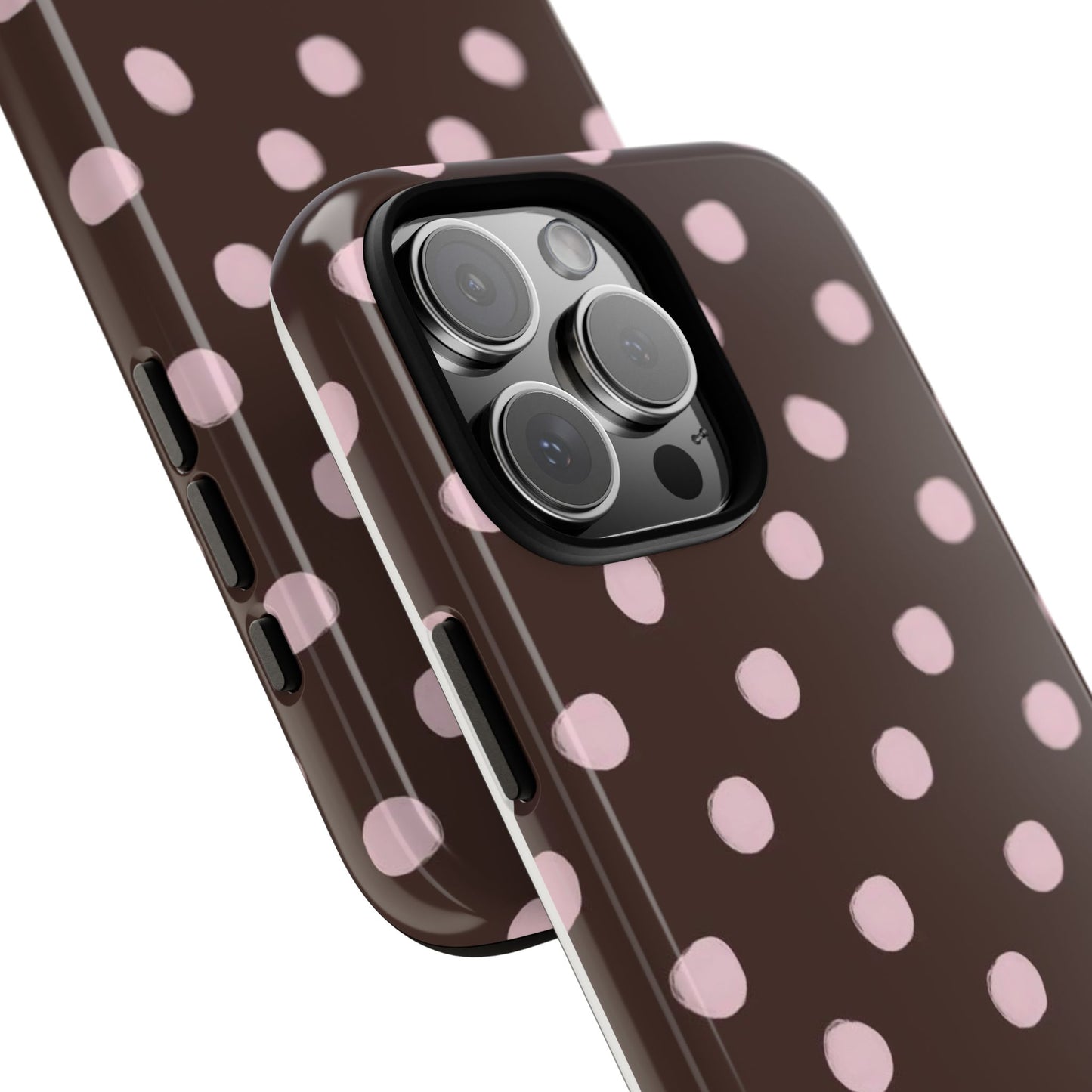 Cute Brown and Pink polka dot iPhone case, aesthetic trendy girly phone case, soft girl style