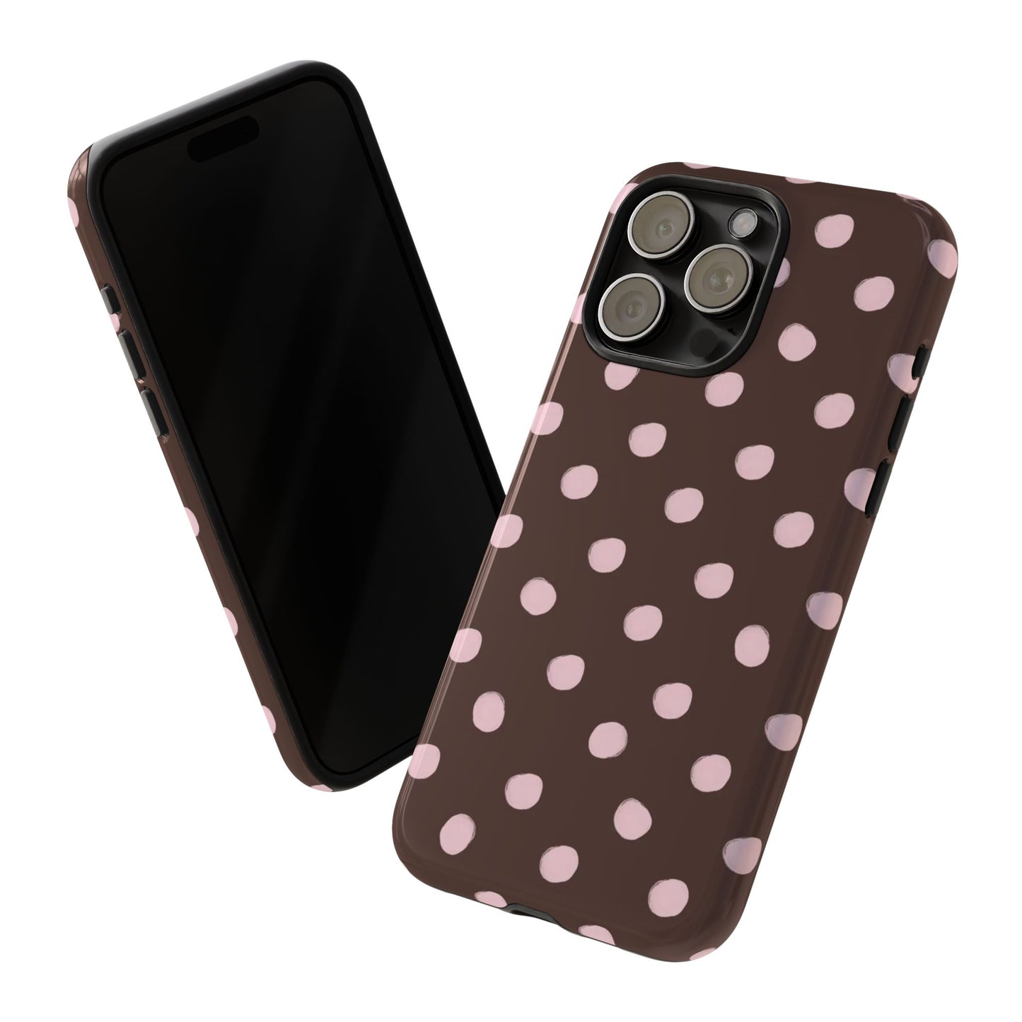 Cute Brown and Pink polka dot iPhone case, aesthetic trendy girly phone case, soft girl style