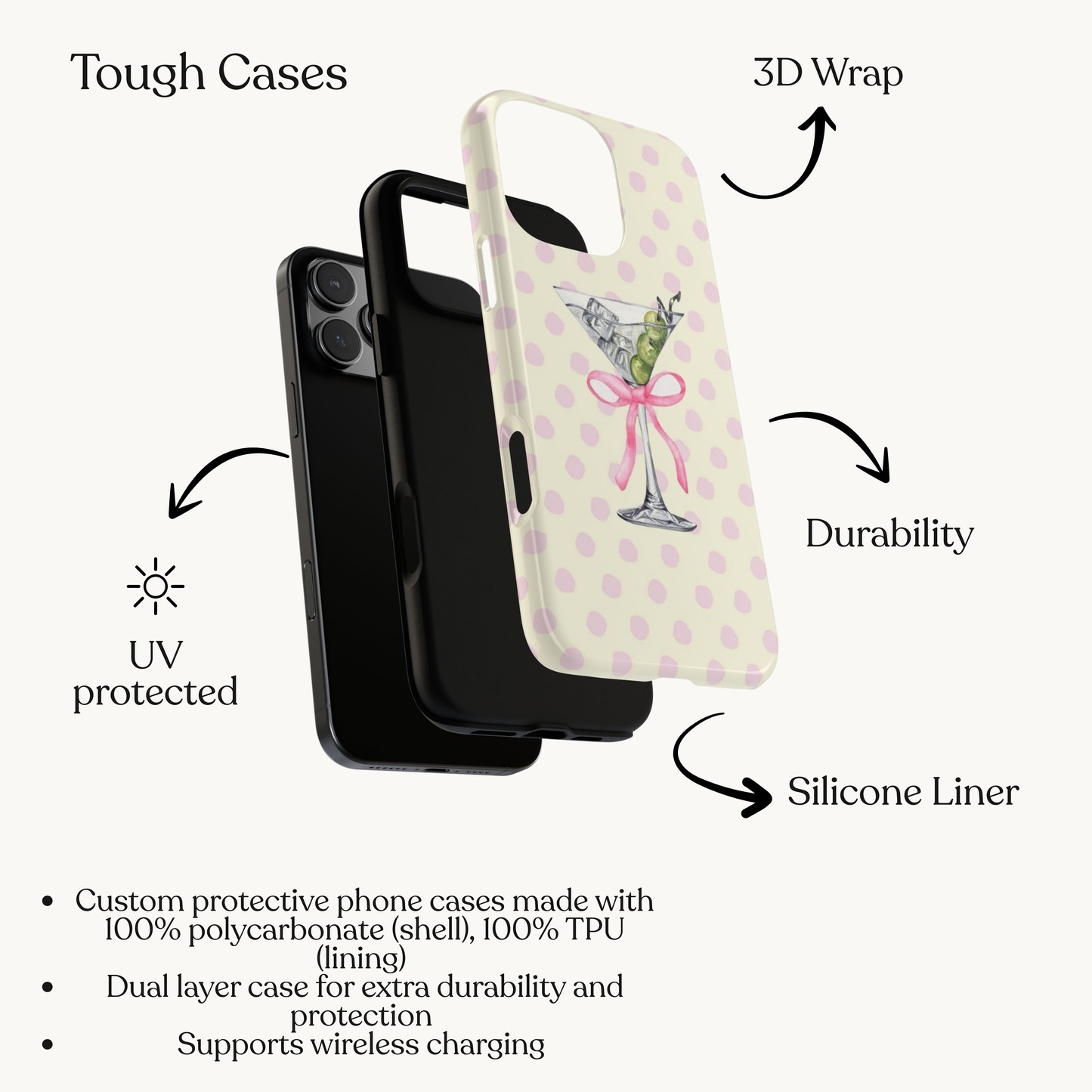 Martini & Olive Polka Dot Phone Case — Cute Pink Ribbon Cocktail iPhone Cover