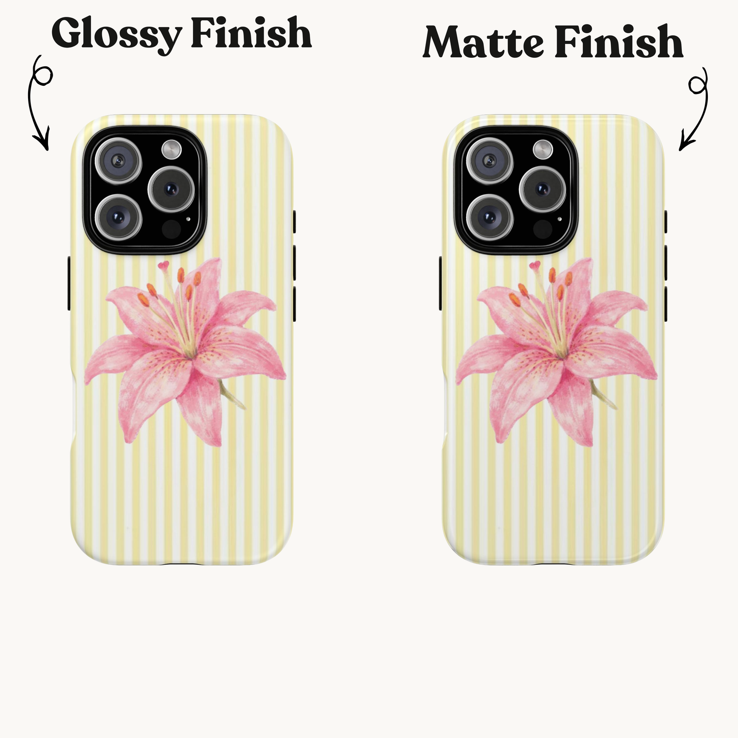 pink lily flower iPhone case, Pink Watercolor on Yellow Stripe, summer vibe phone case