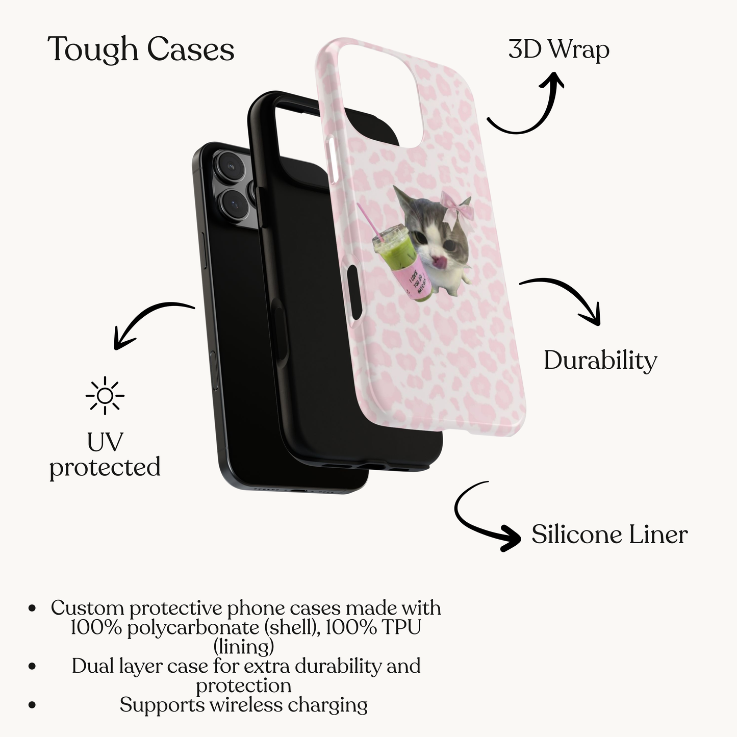Matcha Lover Cat Phone Case – Cute Pink Aesthetic iPhone Case for Girls