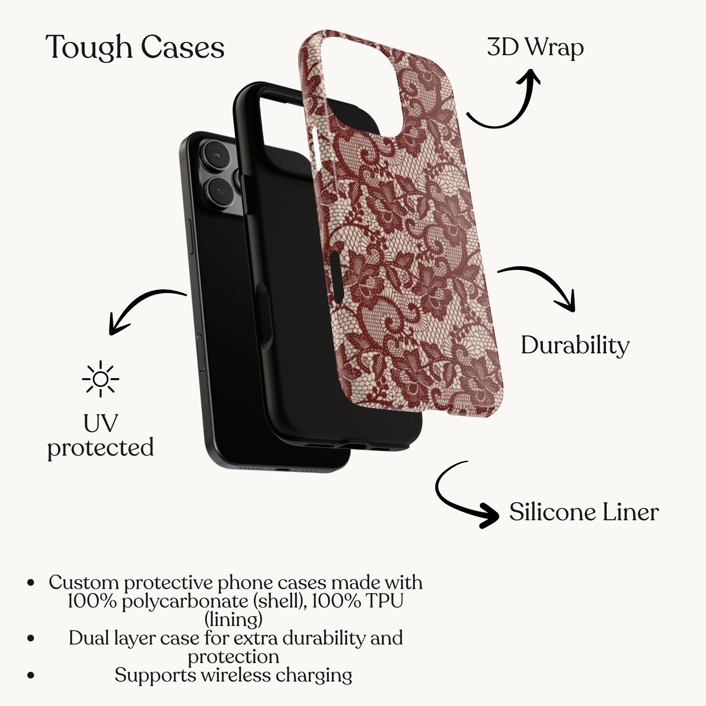 Elegant Red & Cream Lace Pattern Phone Case | Chic Feminine Aesthetic iPhone Case | Trendy Vintage Lace Design