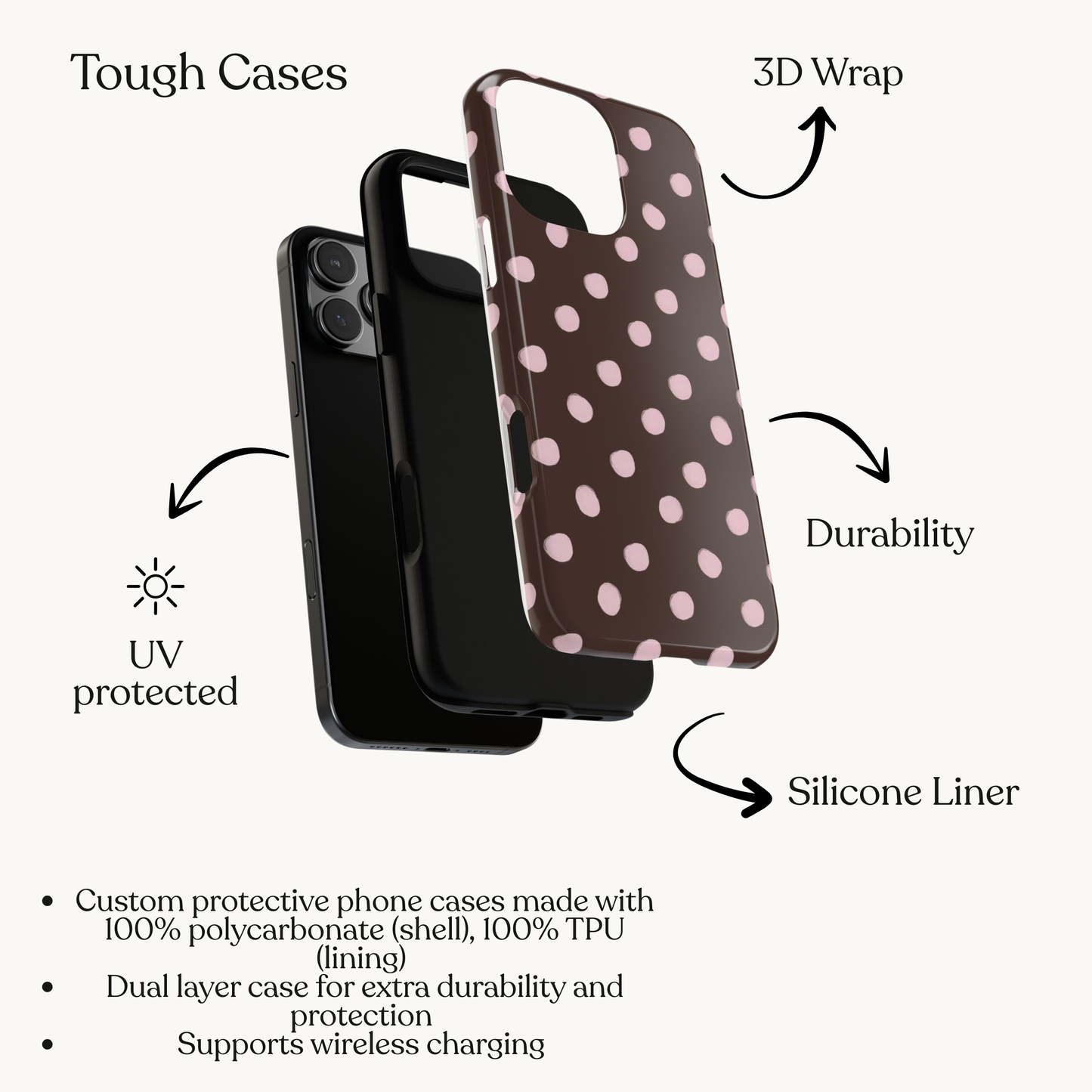 Cute Brown and Pink polka dot iPhone case, aesthetic trendy girly phone case, soft girl style