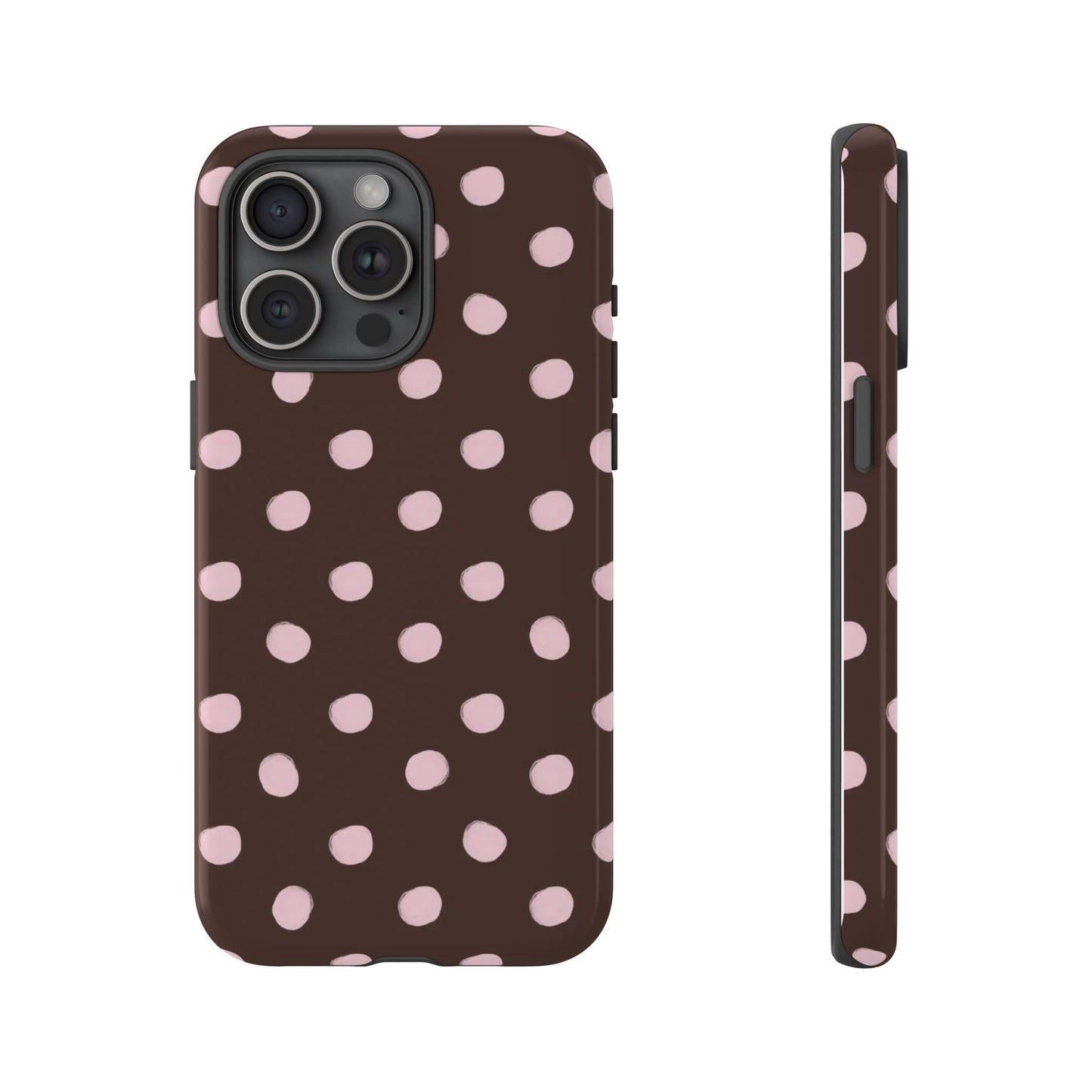 Cute Brown and Pink polka dot iPhone case, aesthetic trendy girly phone case, soft girl style