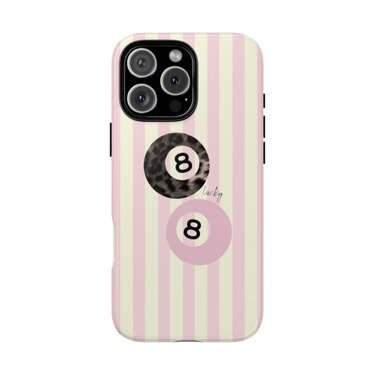 Phone case with striped pattern and number 8 design on a white background