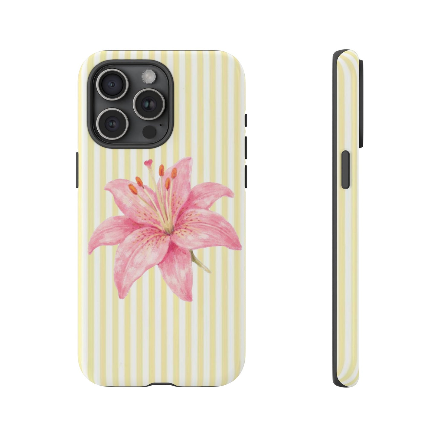 pink lily flower iPhone case, Pink Watercolor on Yellow Stripe, summer vibe phone case
