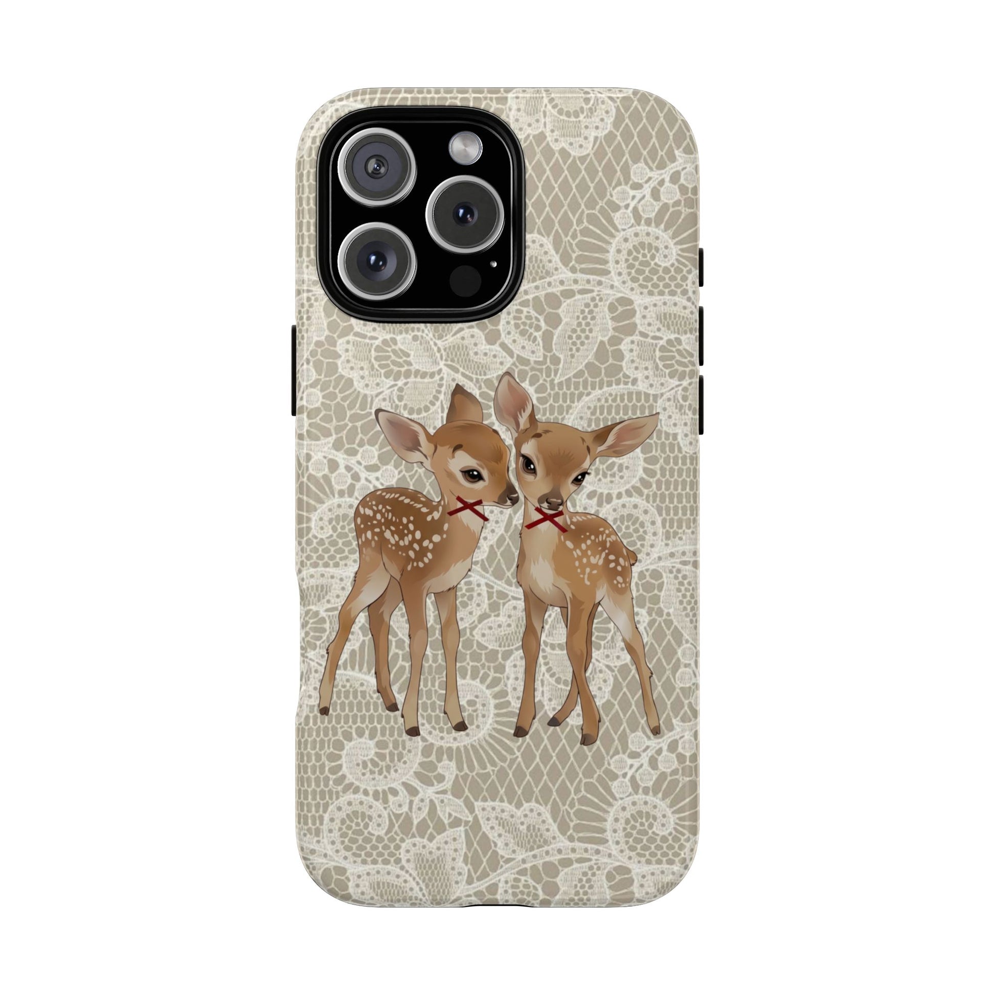 Phone case with two deer illustration on a lace pattern background