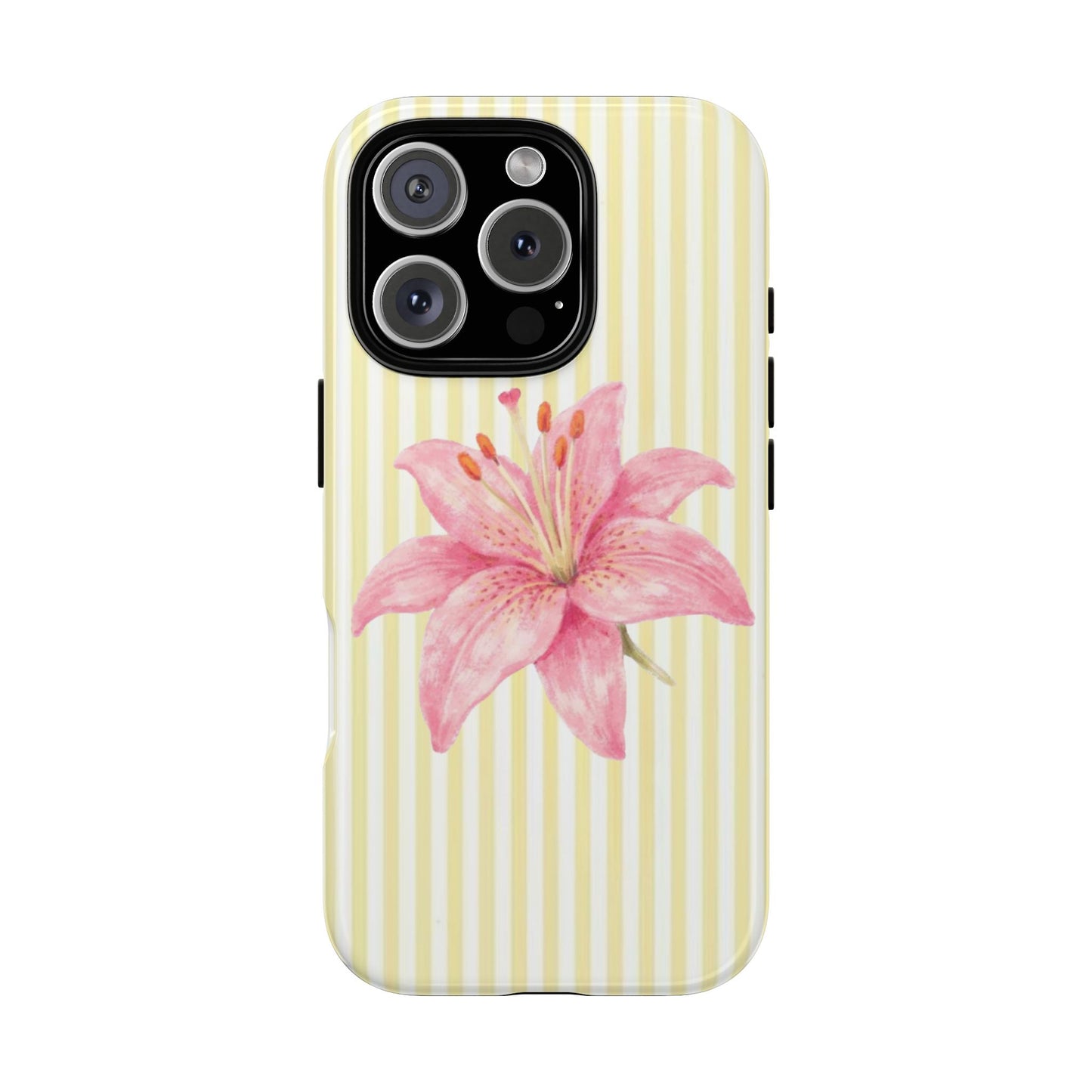 pink lily flower iPhone case, Pink Watercolor on Yellow Stripe, summer vibe phone case