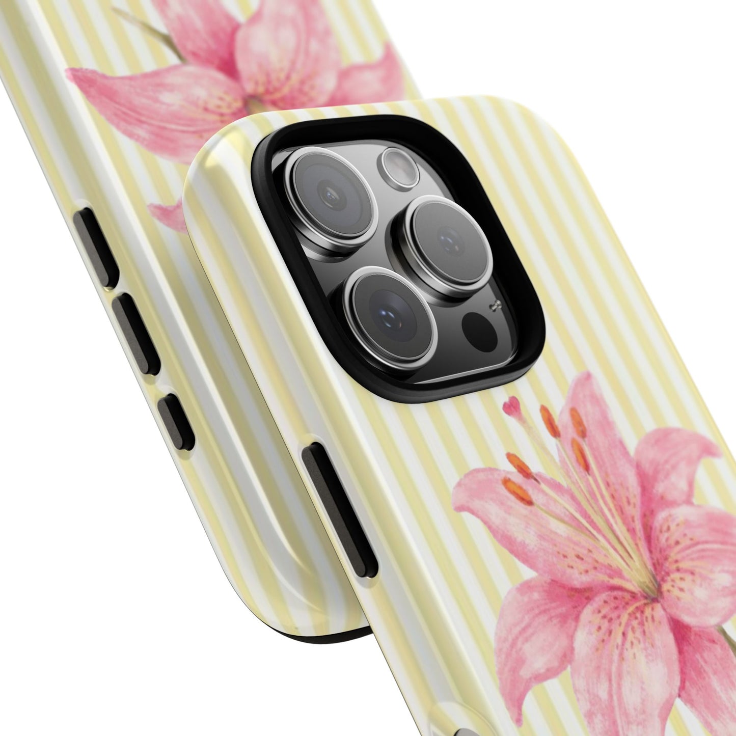 pink lily flower iPhone case, Pink Watercolor on Yellow Stripe, summer vibe phone case