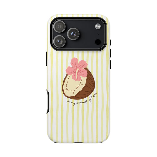 Phone case with a design of a coconut with a pink flower and text on a yellow and white striped background