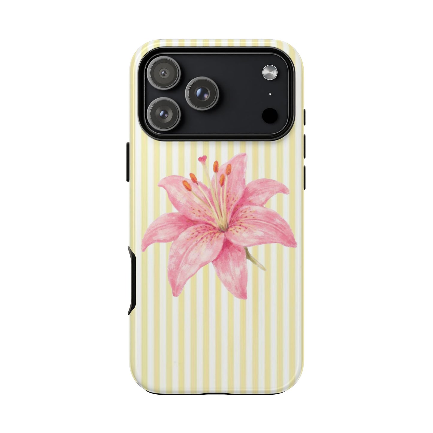 pink lily flower iPhone case, Pink Watercolor on Yellow Stripe, summer vibe phone case