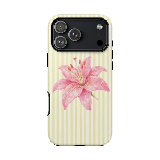 pink lily flower iPhone case, Pink Watercolor on Yellow Stripe, summer vibe phone case