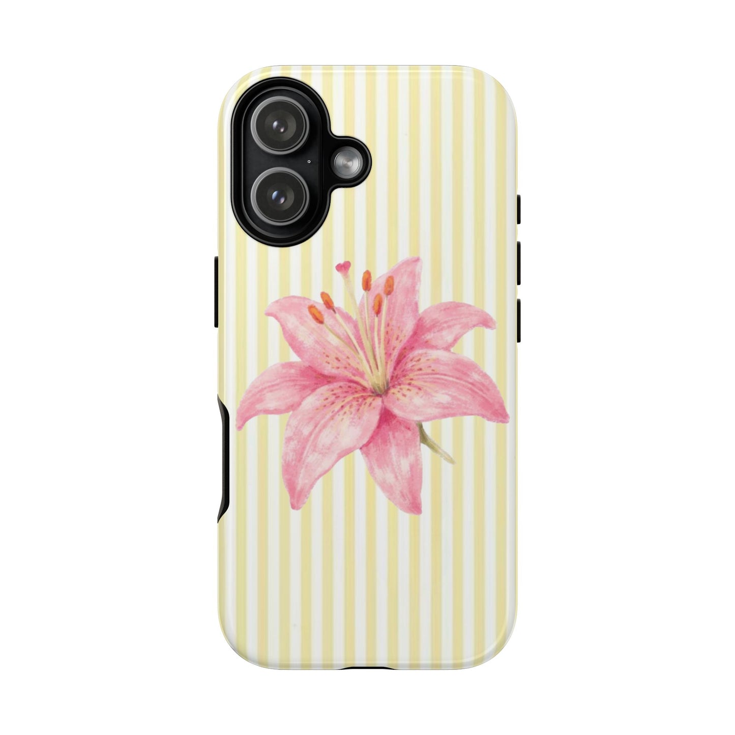 pink lily flower iPhone case, Pink Watercolor on Yellow Stripe, summer vibe phone case
