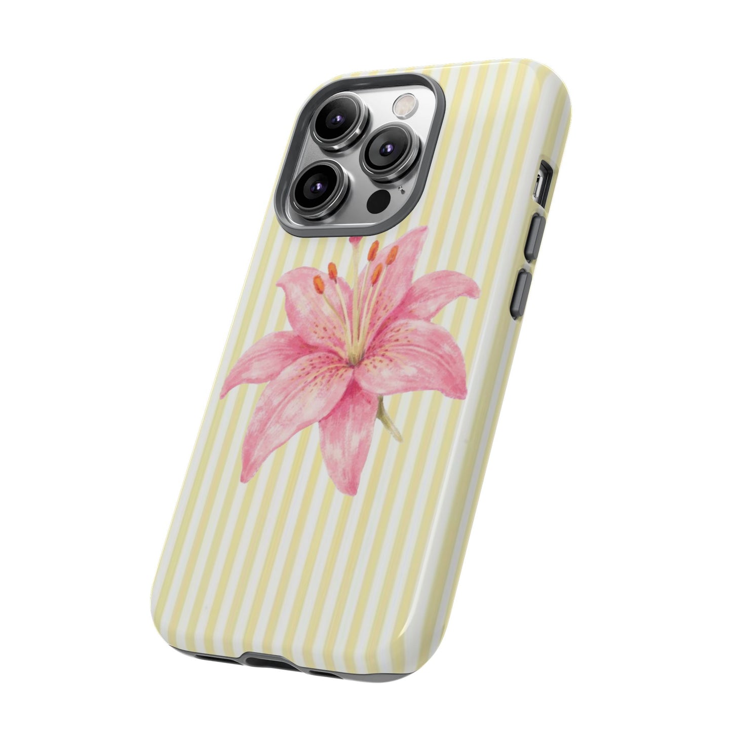 pink lily flower iPhone case, Pink Watercolor on Yellow Stripe, summer vibe phone case