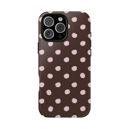 Cute Brown and Pink polka dot iPhone case, aesthetic trendy girly phone case, soft girl style