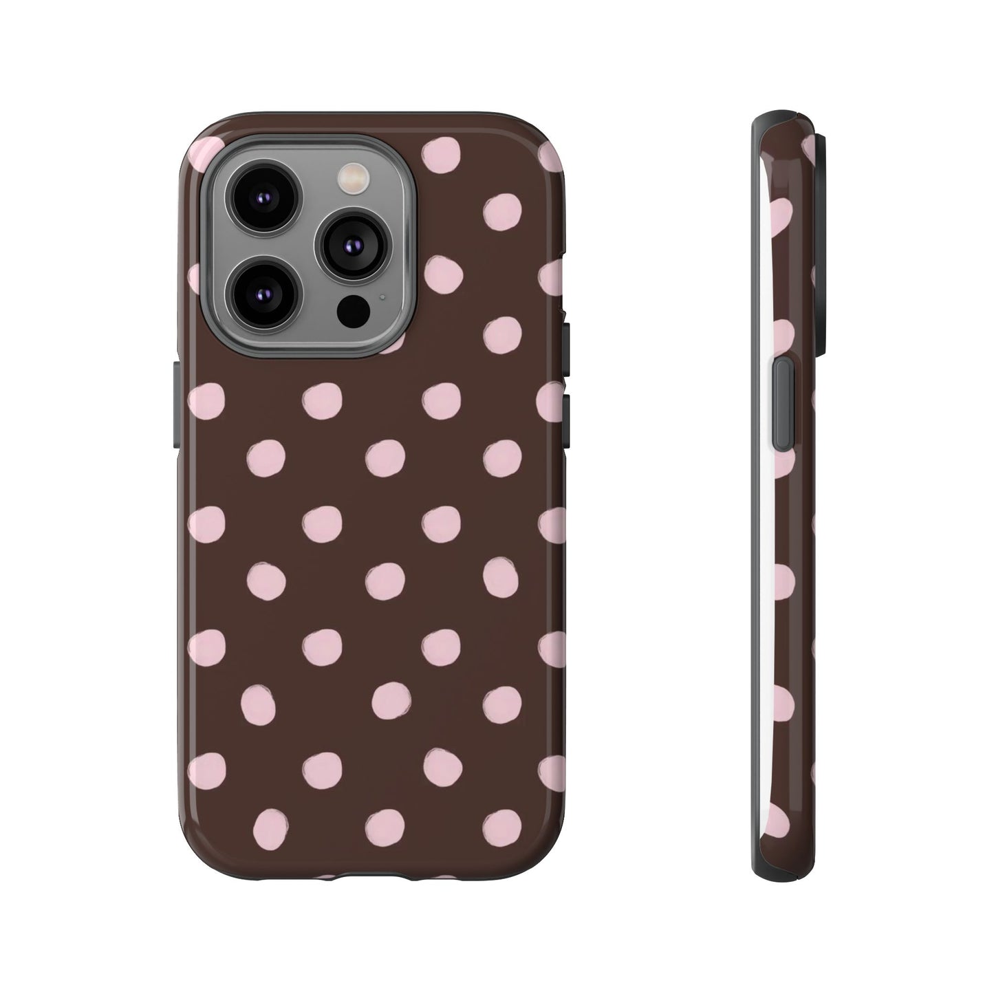 Cute Brown and Pink polka dot iPhone case, aesthetic trendy girly phone case, soft girl style